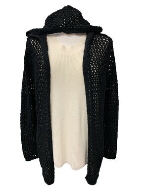 Black Open-Knit Hooded Cardigan Sweater